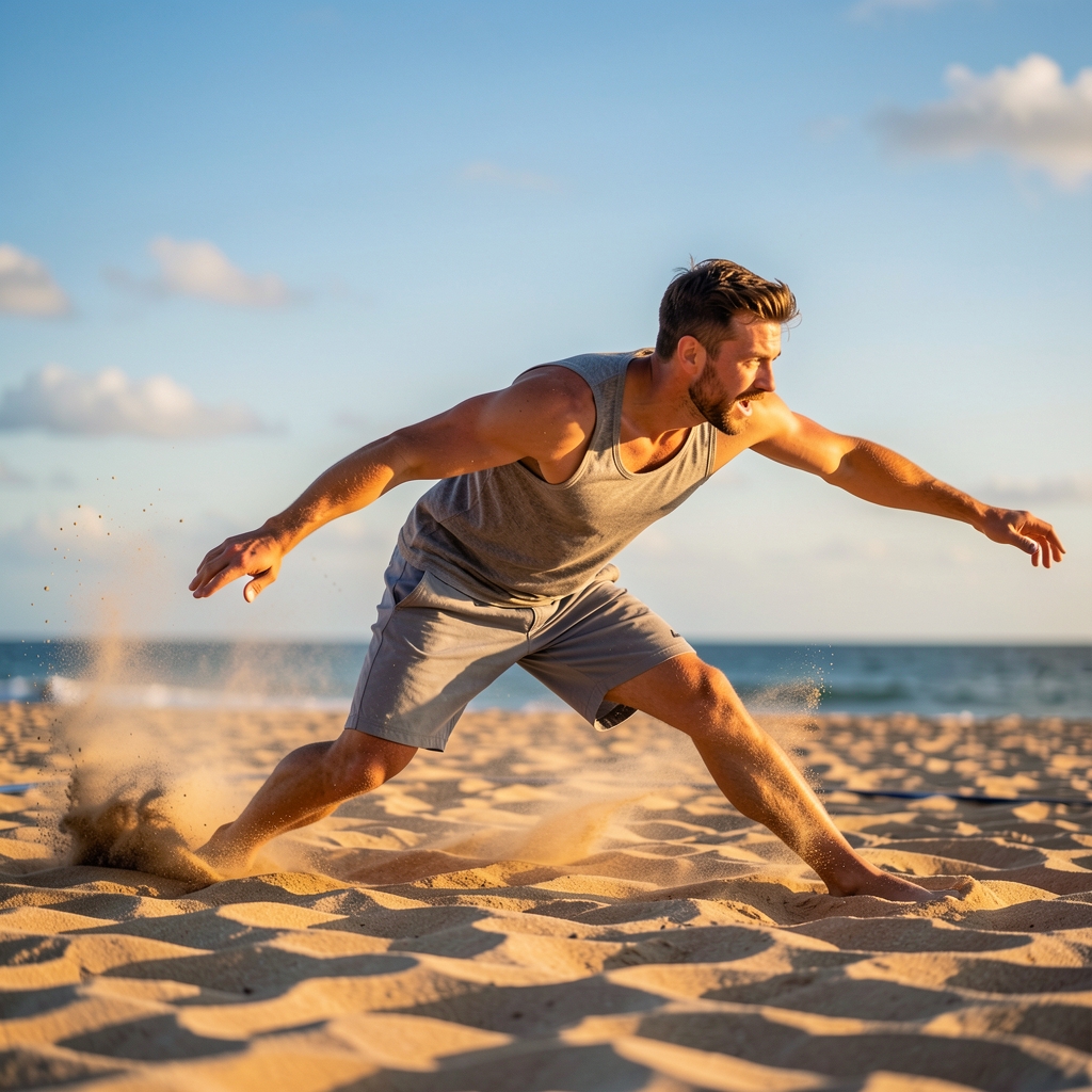 Beach volleyball in the sand with sun shining on young man about to hit the ball
